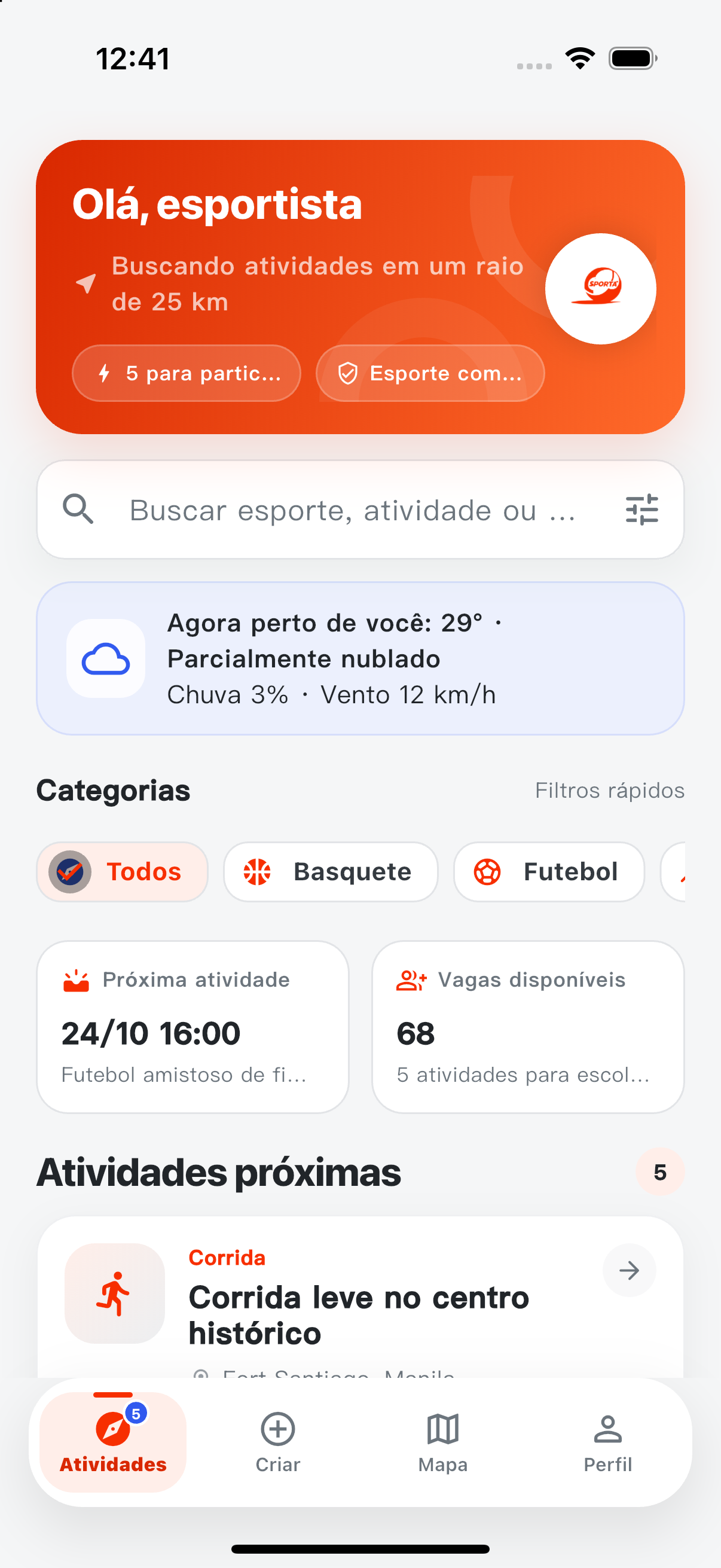 Tela do Esportano com clima e atividades esportivas próximas